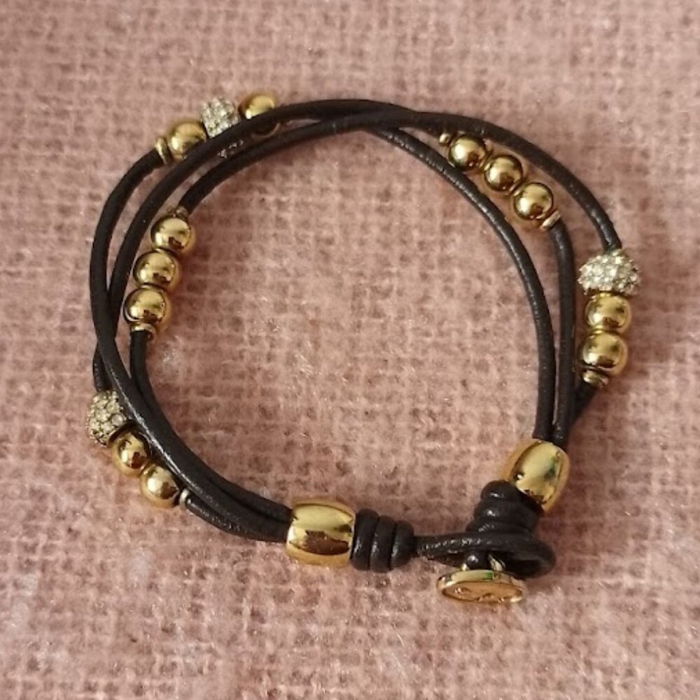 Fossil Bracelet, 3-Strand Leather Cord with Gold Beads